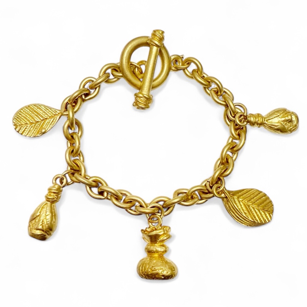 Vintage Kenzo Signed Matte Goldtone Charm Chain Link Toggle Bracelet